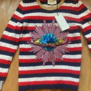 Gucci Red and Blue Crew Neck Sweater with Bold Stripes